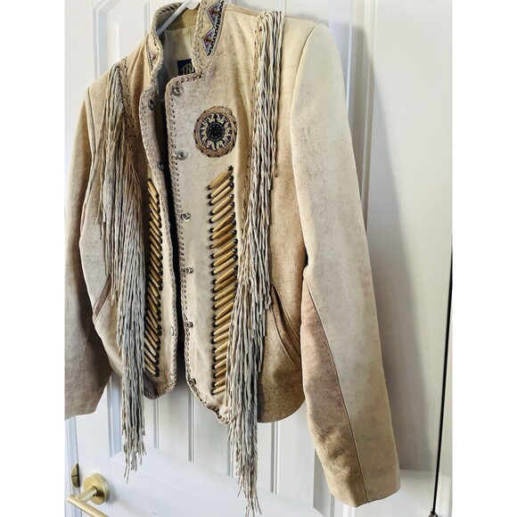 Vintage Tribe America Leathers Western Fringe Warrior Jacket Beaded Bone 6 USA - Picture 4 of 16